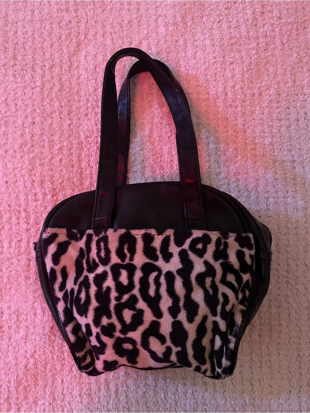 Black Unbranded Faux Leather 90s Tote Bag with Leopard Print Fuzz Panel